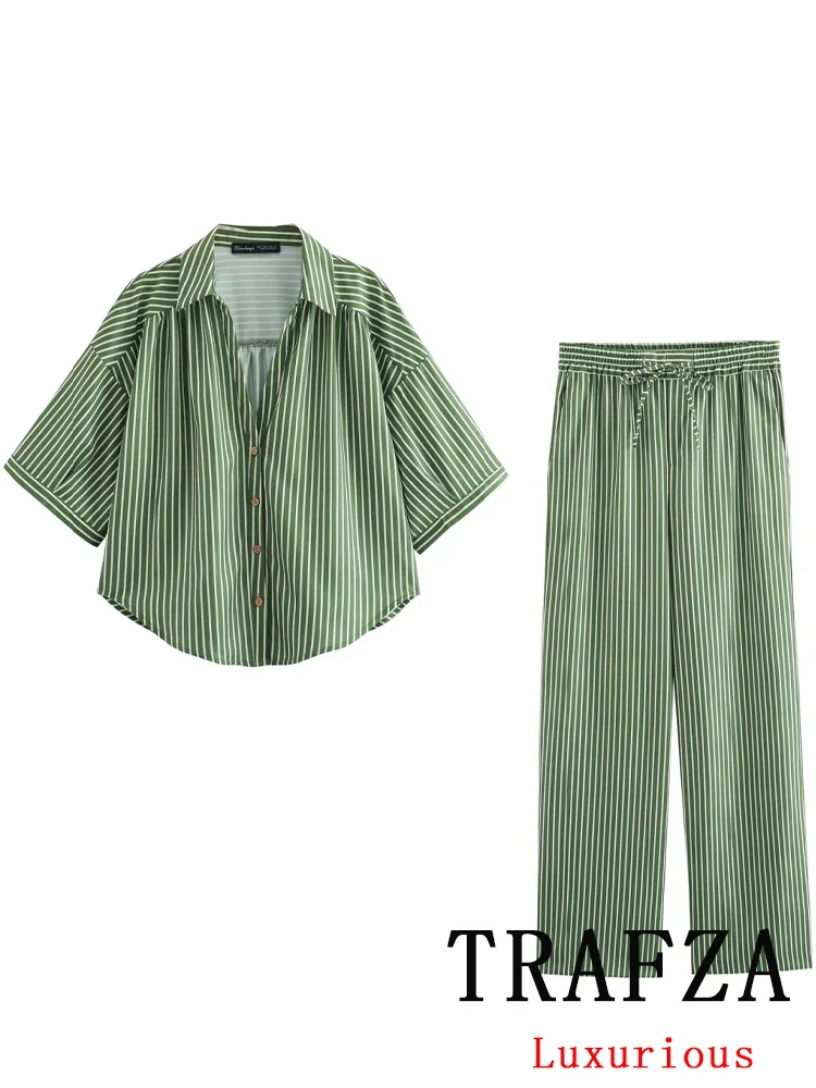 TRAFZA Vintage Casual Striped Women Suit Single Breasted Half Sleeve Shirt Loose Long Pants Chic Fashion 2024 Summer Basics Sets