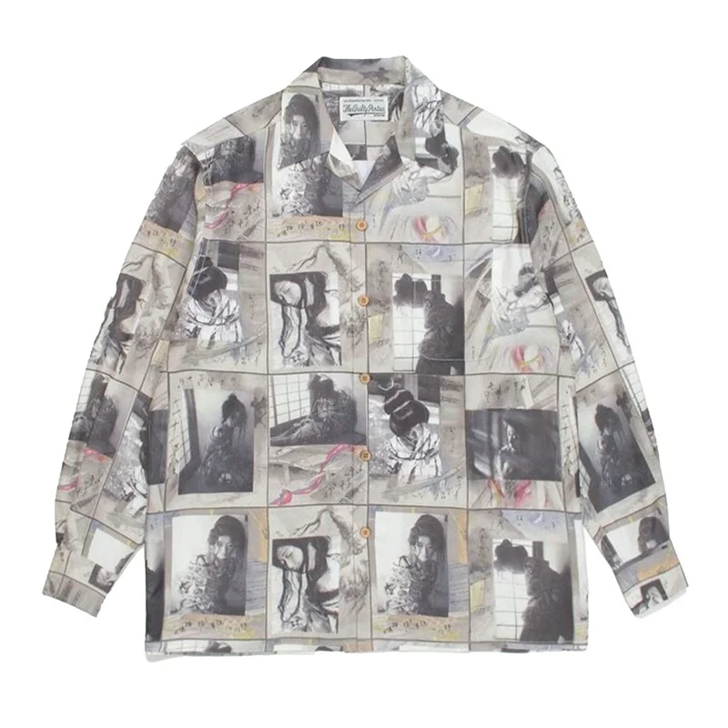WACKO MARIA Art Ink Painting Cuban Neck Long Sleeve Shirt Autumn Winter Casual Vintage High Quality Shirt Tops