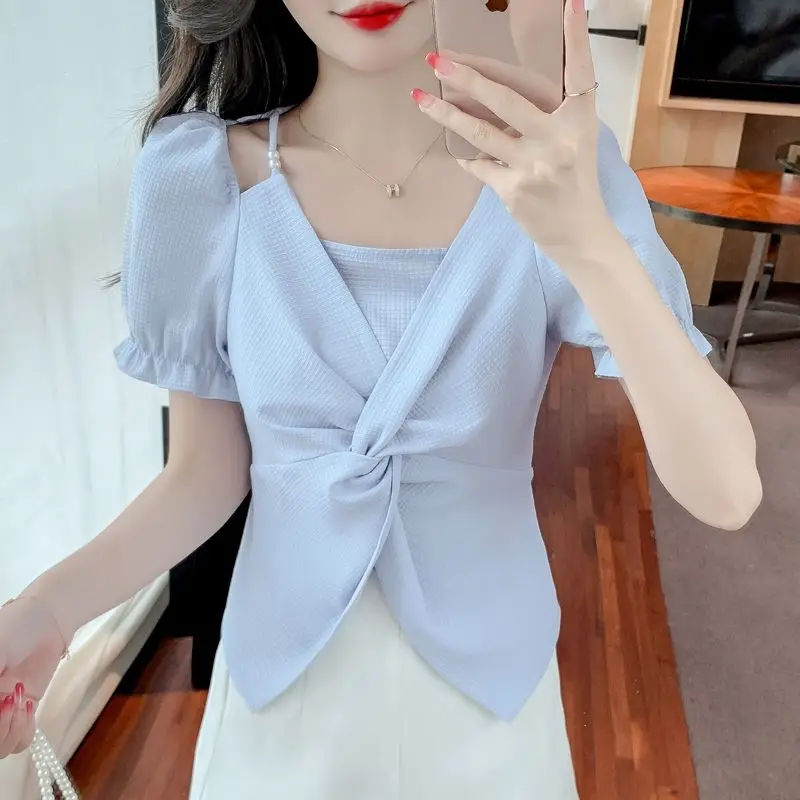 Women Short Sleeve Blouses New Summer Korean Style Trendy Simple Folds Design Elegant Slim Tender Sexy All-match Pure Color Ins