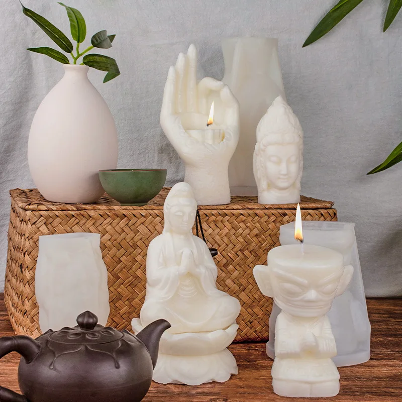 Buddha Scented Candle Mold Lotus Base Guanyin Hand Candle Holder Plaster Silicone Molds for Epoxy Resin