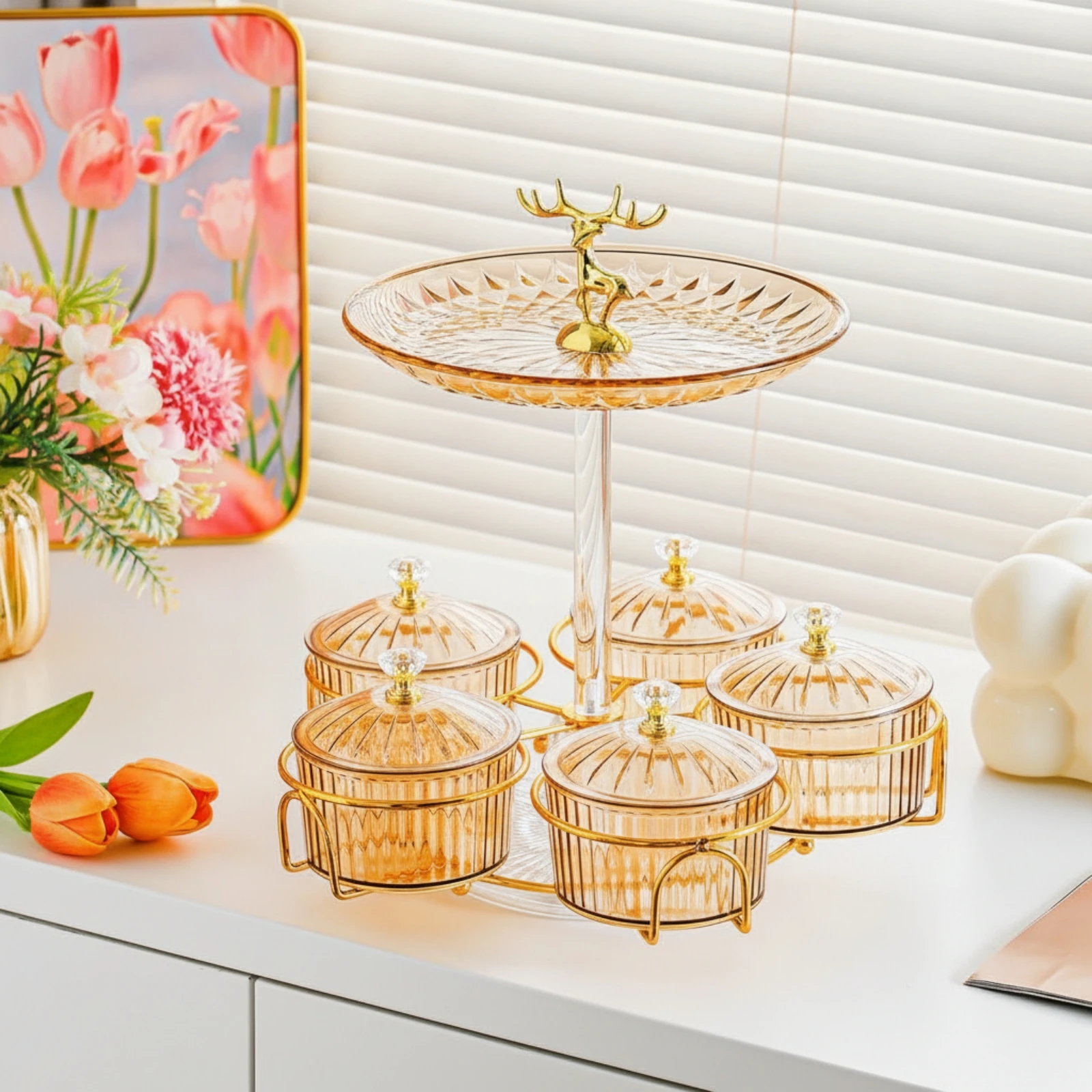 Rotating Snack Organizer Divided Countertop Organizer with Lidded Containers Snack Container with Lid Gold-Tone Fruit Tray Clear