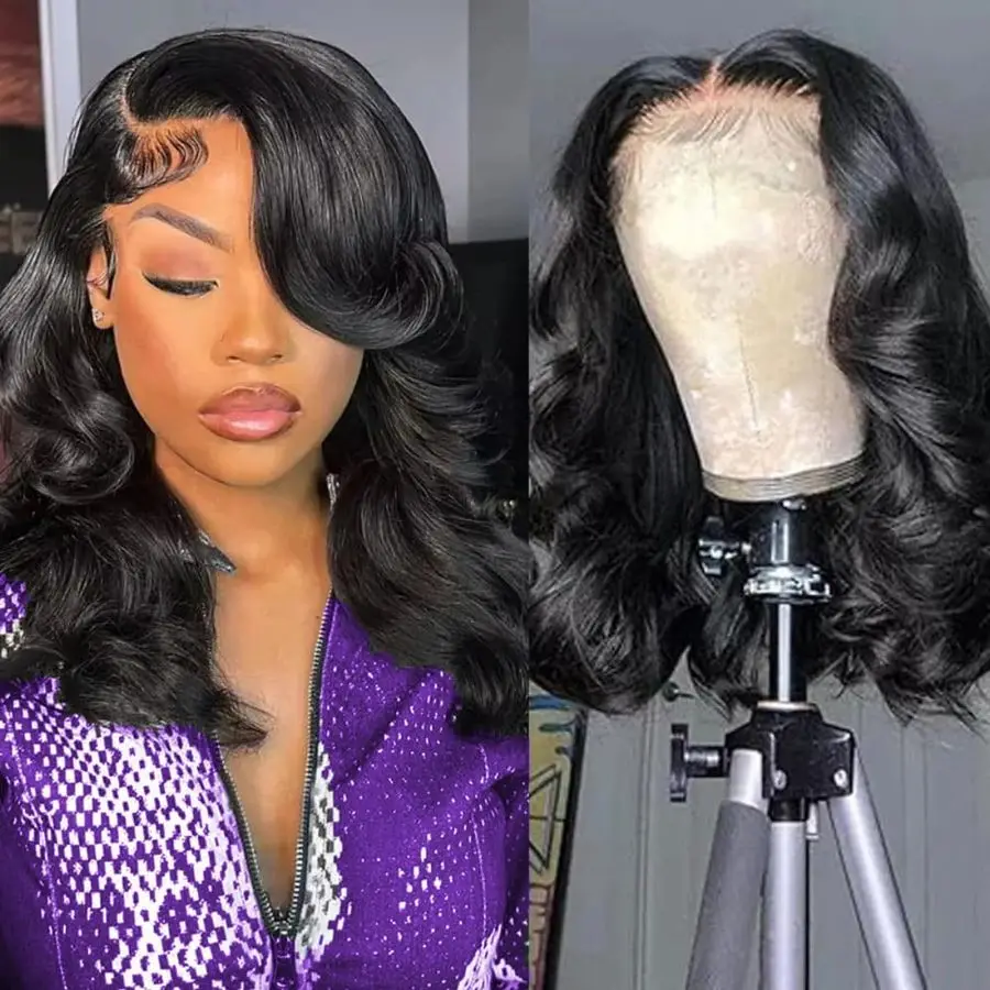 

Wig Human Hair 12 Inch 13x4 Lace Front Wigs Human Hair Pre Plucked 200 Density Short Body Wave Bob Wig Natural Color Glueless Bo