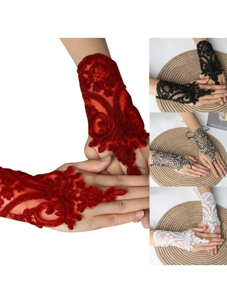 39BD Handmade Gothic Vintage Lace Bracelet Gloves with Adjustable Rope Wedding Wristband Accessories for Woman Dress Up