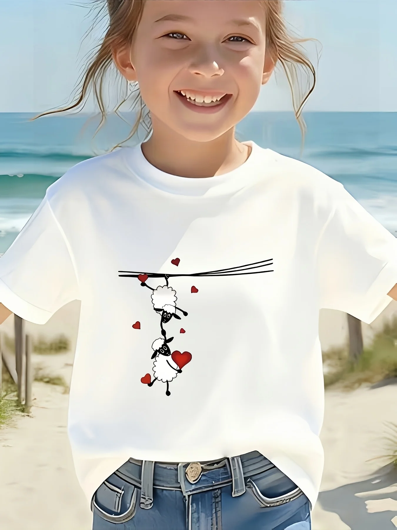 Cute Hanging Sheep With Red Hearts Print Family Matching T Shirt Boys Girls Soft Summer Short Sleeve Daily Casual Tees