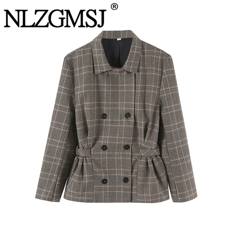 Nlzgmsj 2026 Autumn Women Plaid Blazer Lapel Collar Double Breasted Jacket Waist Drawstring Pleated Vintage Outerwear