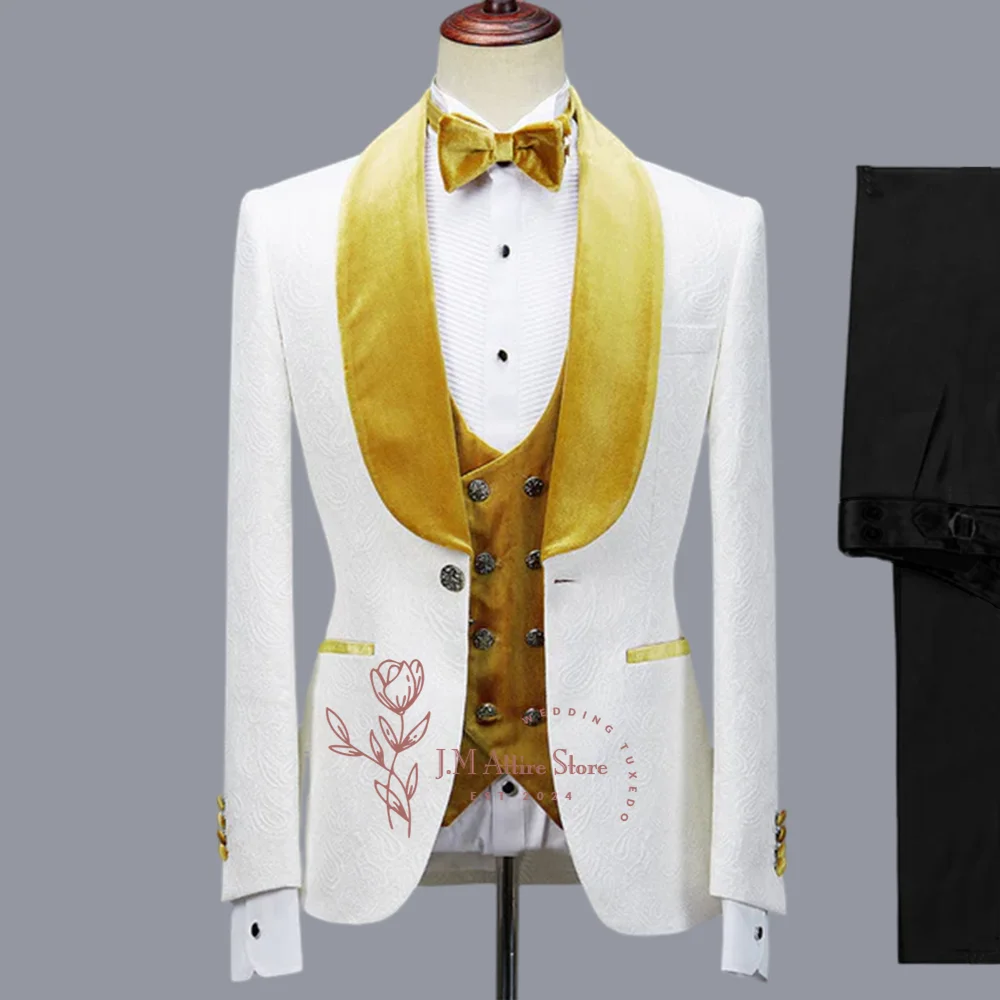 

Men Wedding Suit 3 PCS Set White Jacquard Velvet Shawl Lapel Balzer Vest Pants Elegant Custom Attire for Engage Prom Ball Party