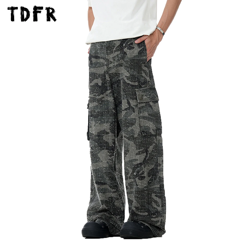 

Retro Camouflage Cargo Pants Mens Ripped Safari Style Multi-Pocket Loose Straight Wide leg Trousers Men