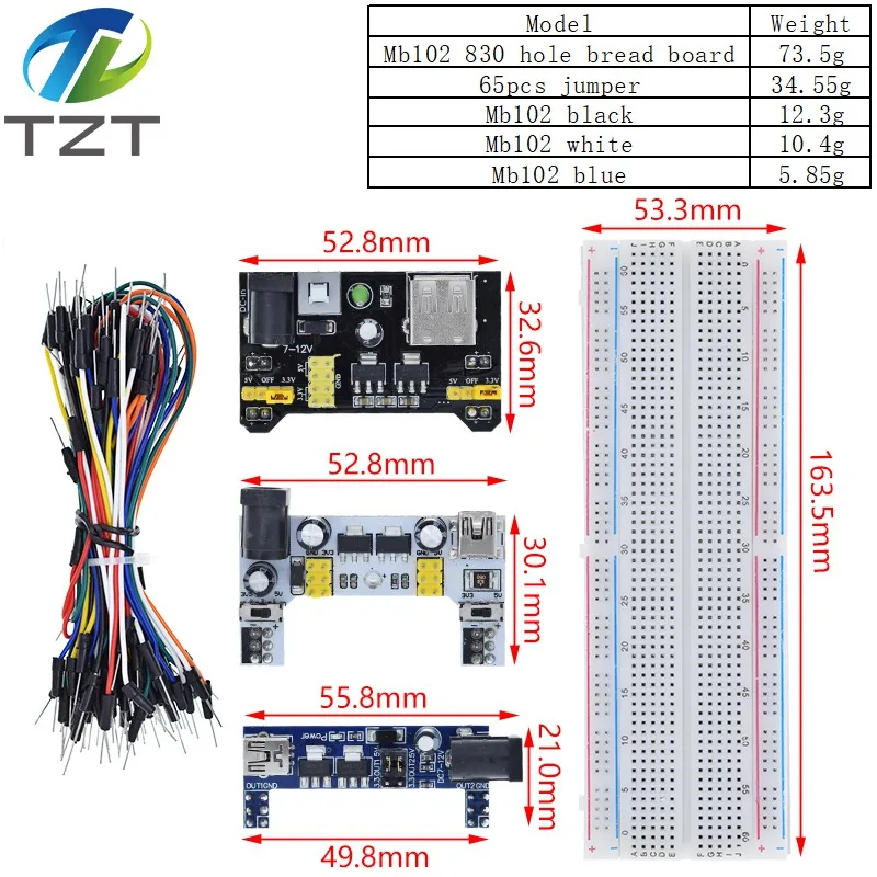 3.3V/5V MB102 Breadboard power module+MB-102 830 points Prototype Bread board for arduino kit +65 jumper wires wholesale