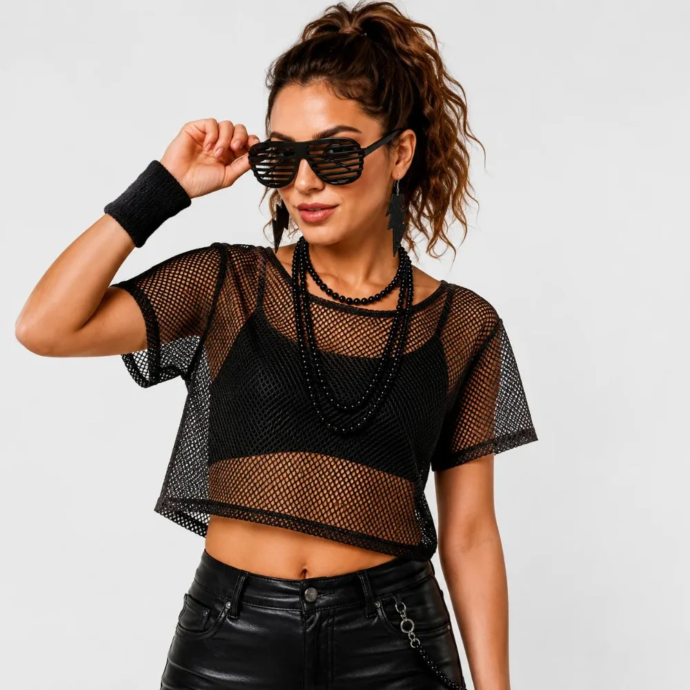 80s Retro Neon Costume Accessory Set Mesh Crop Top Wristbands Shutter Shades Lightning Earrings Beaded Necklace Disco Party - view 3