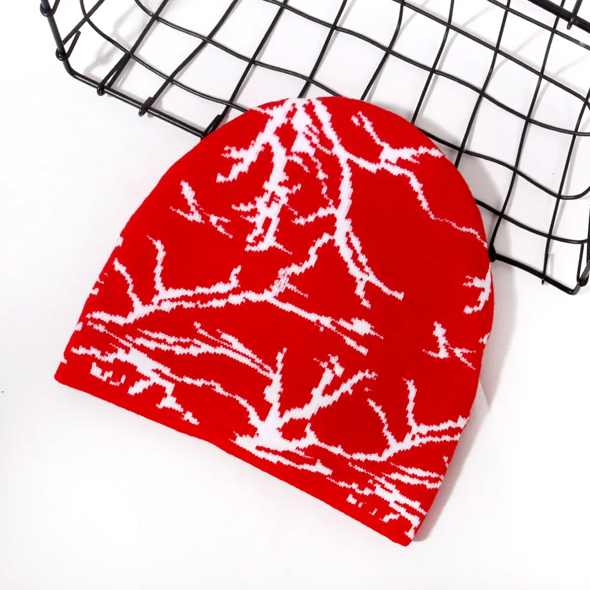 Tree Branch Pattern Knit Beanie Hat Men Women Gothic Black White Skull Cap Outdoor Winter Warm Stretch Knitted Caps Streetwears
