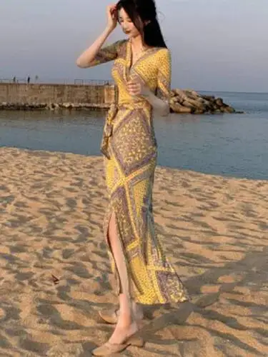 NOVEDAD DE VERANO 2021, versión coreana, vestido de manga corta con estampado Retro y cuello en V para mujer, vestido largo con cordones y cintura ceñida, vestido largo con abertura delgada A3VA