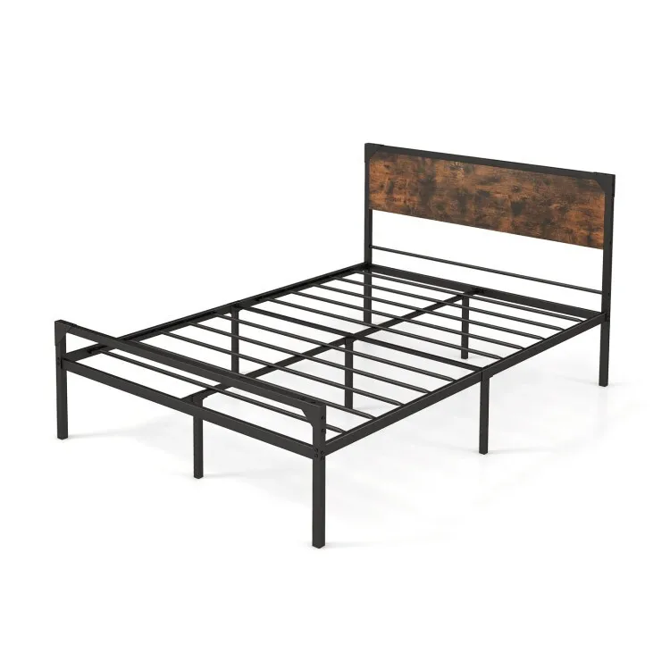 

Full Size Platform Bed Metal Frame Heavy Duty w/Rustic Headboard and Footboard