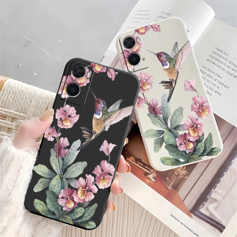 OPPO A78 4G 5G Case Soft Liquid Silicone Matte Cover For OPPO A94 A93 A76 A74 A9 2020 A92S A92 A91 Flower Bird Patten Cover