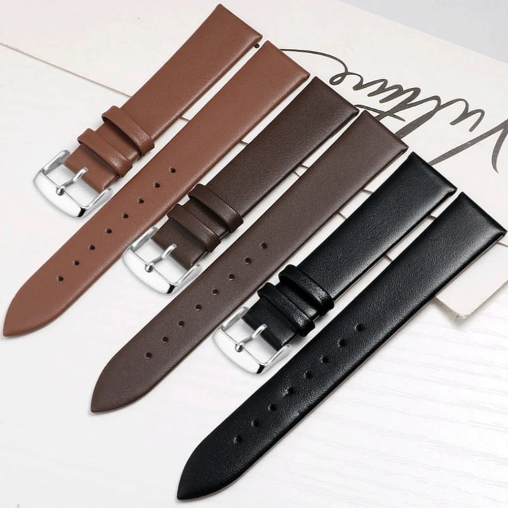 Kalbsleder-Uhrenarmband, 12 mm, 14 mm, 16 mm, 18 mm, 20 mm, 22 mm, Leder-Uhrenarmband mit silberner Dornschließe