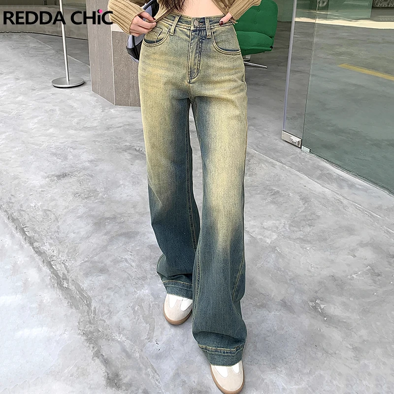 

REDDACHiC Retro Green Wash Flare Jeans Women Loose Casual High Waist Gradient Wide Leg Bootcut Pants Grunge Y2k Bell Bottoms