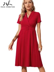 Nice-forever Summer Women eleganti abiti pieghettati con anello da lavoro formale Retro Flare Dress A400