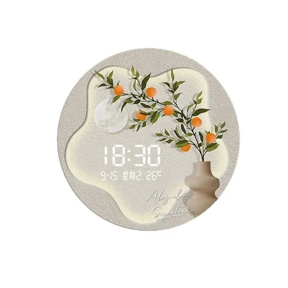 Creative lamp watch wall clock round flower green plant electronic wall clock guest restaurant decorative painting