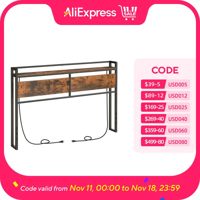 Headboard Queen Size, Headboard with 2 Outlets and 4 USB Ports, Adjustable Height, Storage Rack, Sturdy and Stable