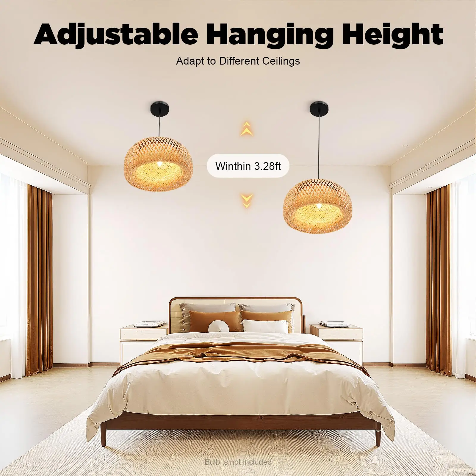 Lámpara colgante de bambú rústica de granja, lámpara de mimbre ajustable con bombilla E26 para cocina, comedor, sala de estar (14,96 pulgadas)