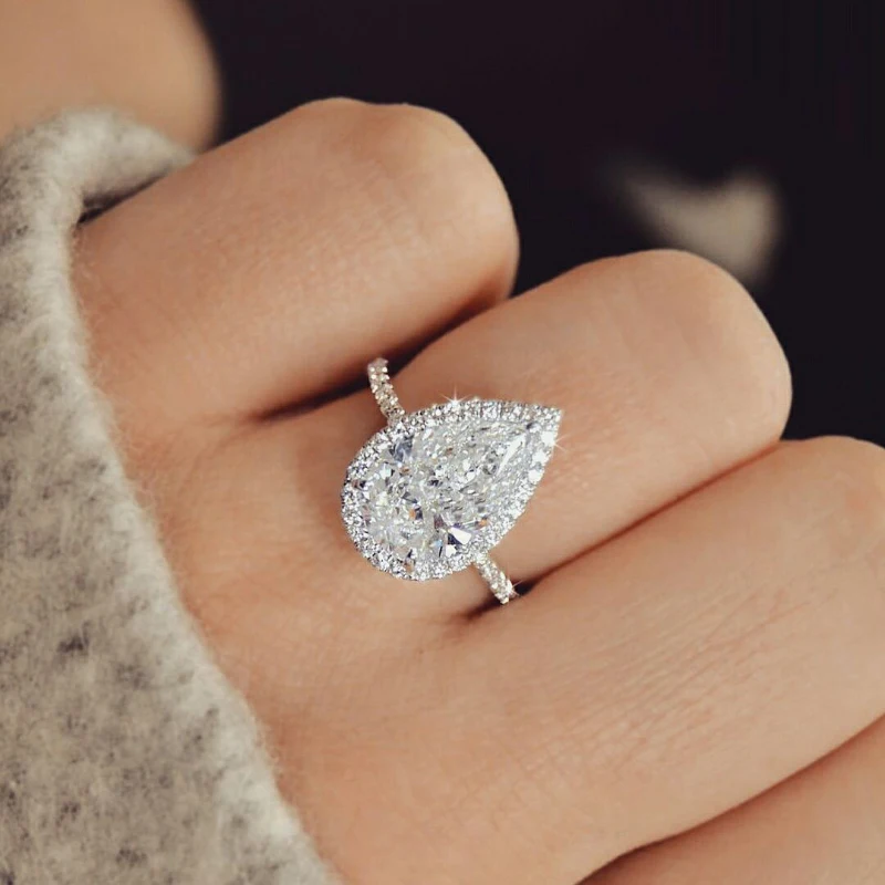 Women's Silver Color Oval Pear Cut Wedding Ring, Luxury