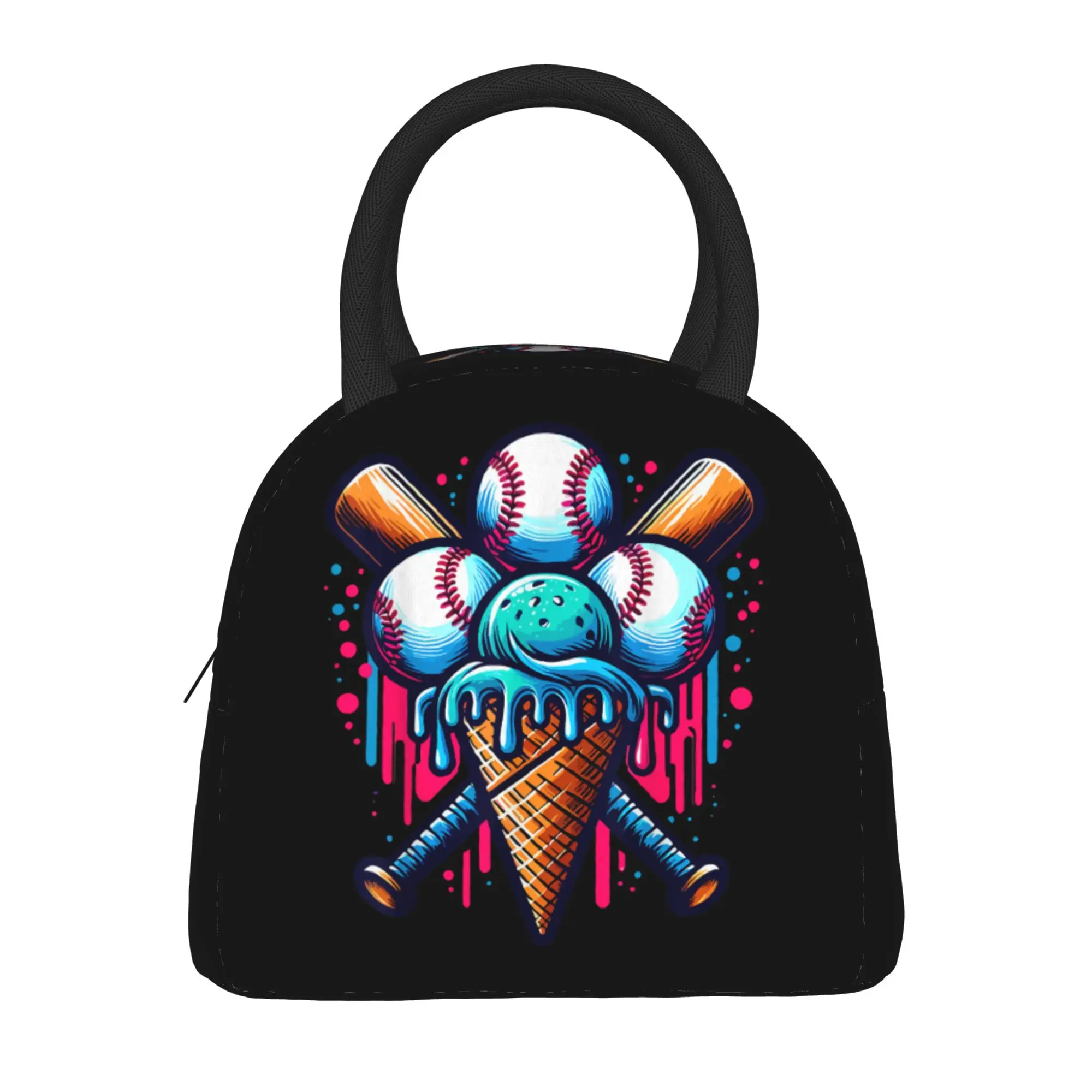 Baseball Bat Ice Cream Watercolor  Insulated Lunch Bags Thermal Bag Reusable  High Capacity Tote Lunch Box Men Women