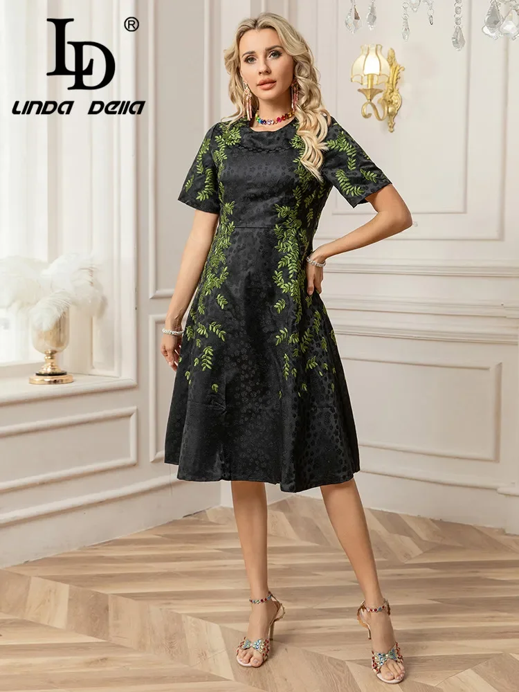 

Короткое платье LD LINDA DELLA 2025 весна-лето, модный дизайн, с вышивкой зеленых листьев и цветов, с коротким рукавом, круглым вырезом, жаккардовое