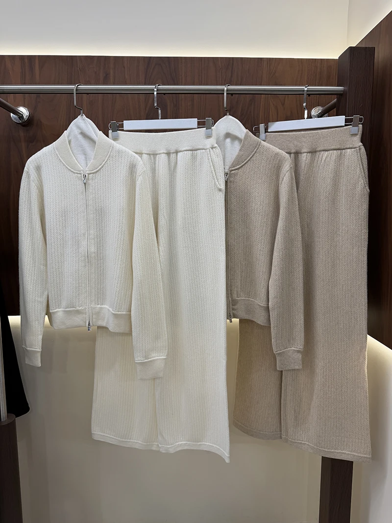 Women Ribbed Knit Zip Jacket and Wide Leg Trousers Two-Piece Set
