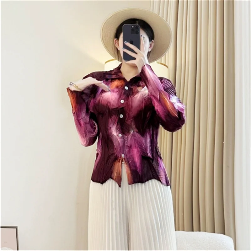 

Miyake Printting Pleated Summer Lightweight Women's Shirt Chic Tie-Dye Elastic Slimming Long Sleeve Sun Protection Top