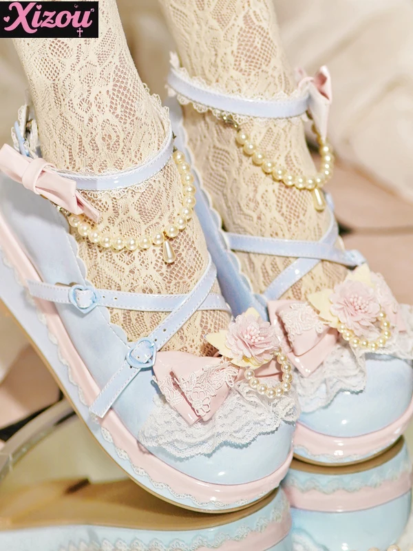 Kawaii japonês doce e bonito plataforma original muffin sapatos femininos pérola arco cabeça redonda lolita feminino mary jane único sapatos