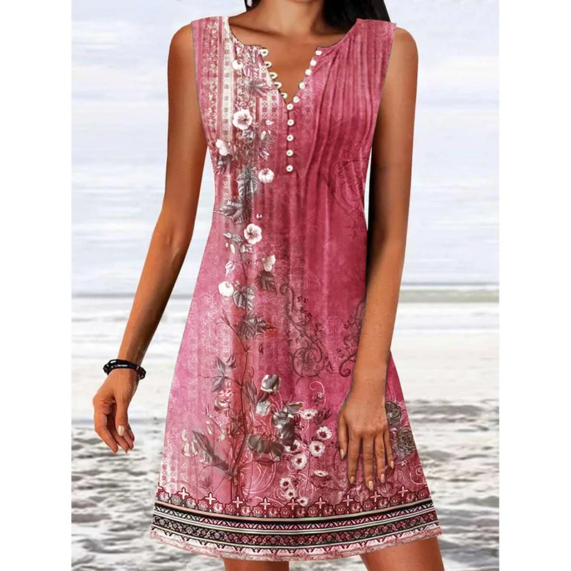 여름 여성용 민소매 버튼 플로럴 프린트 루즈핏 보헤미안 V넥 캐주얼 비치 휴가 미니 원피스