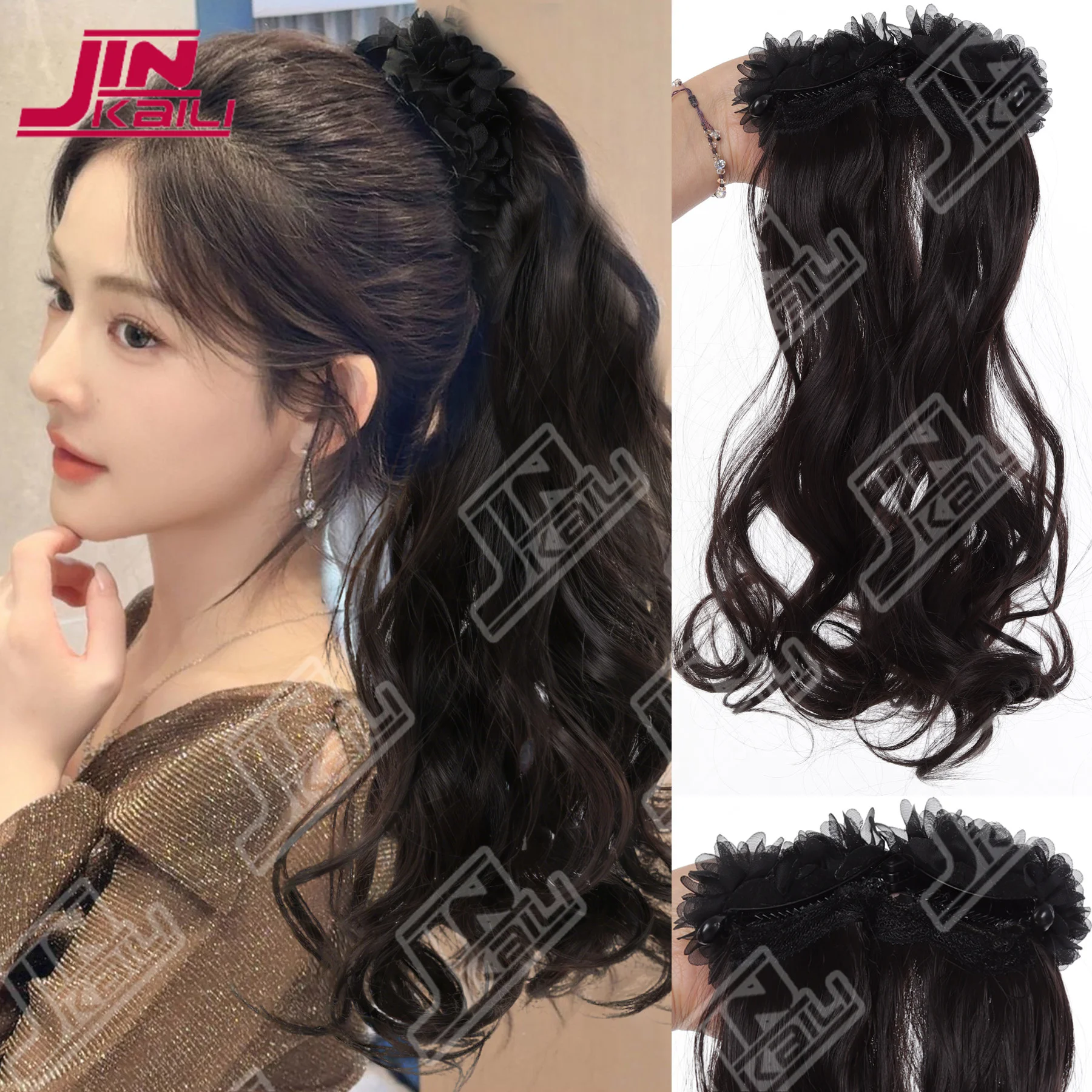 JKL Synthetic Long Curly Wig Claw Clip Fluffy Flower Clip in Ponytail Wig Red Black Wig Hair Clip Hair Accessories for women