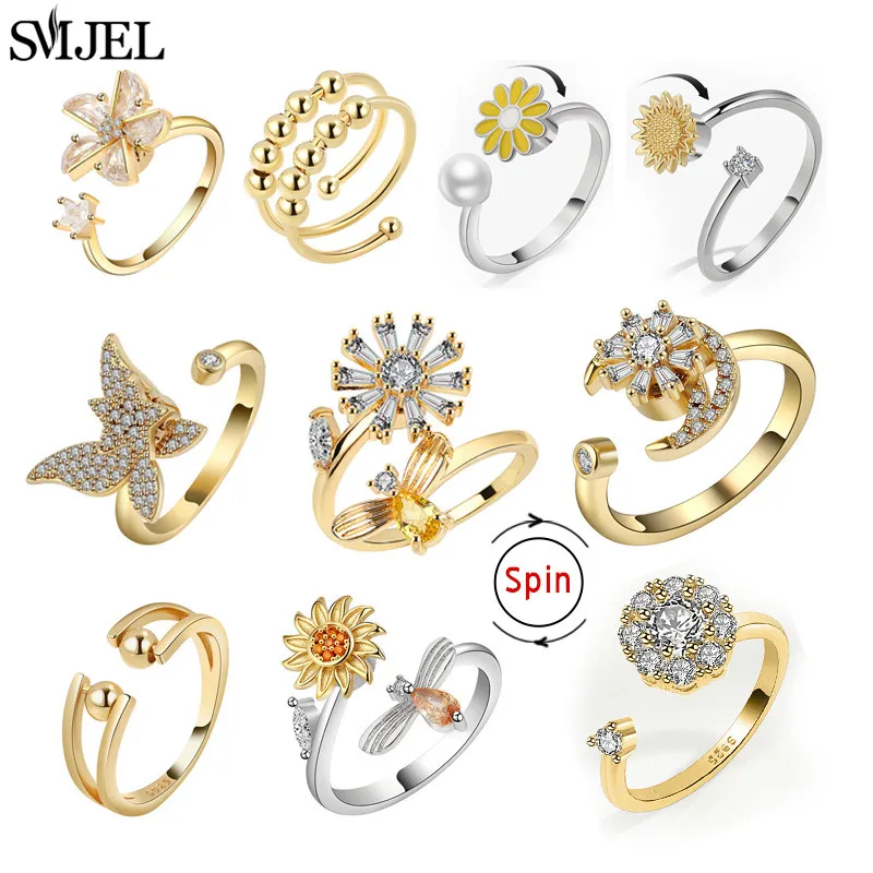 Luxury Fashion Anxiety Relaxing Rings for Women Crystal Butterfly Flower Bee Spinner Fidget Finger Ring Girl Anillos De Ansiedad