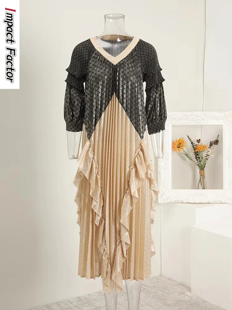 

Miyake Summer Color Matching Temperament High Sense Celebrity Loose Design Pleated Long Dress High Waist Slim Dress