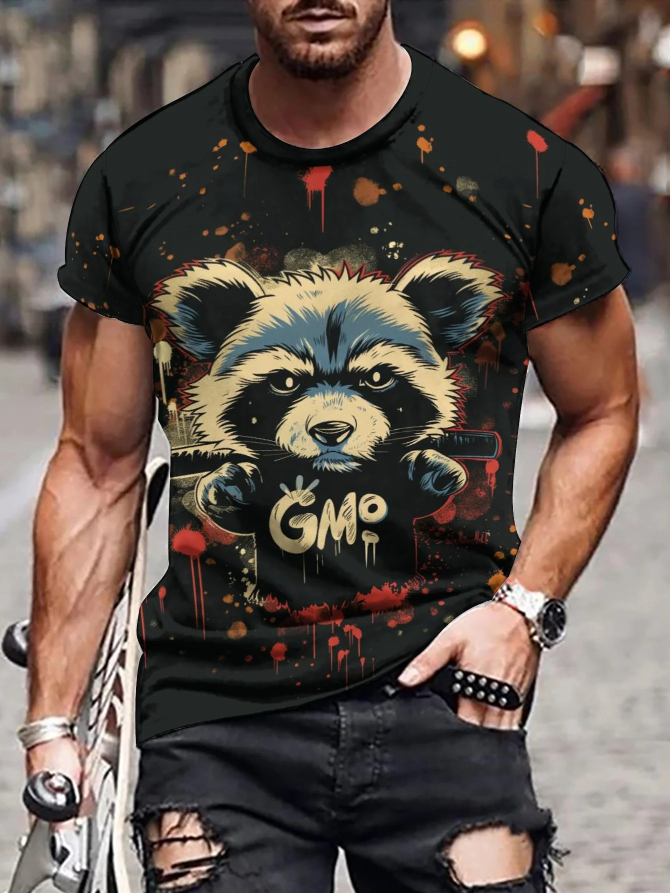 Футболка мужская стрейчевая с 3D-принтом медведя, Повседневная дышащая футболка микро стрейч, летняя одежда для улицы, 2024