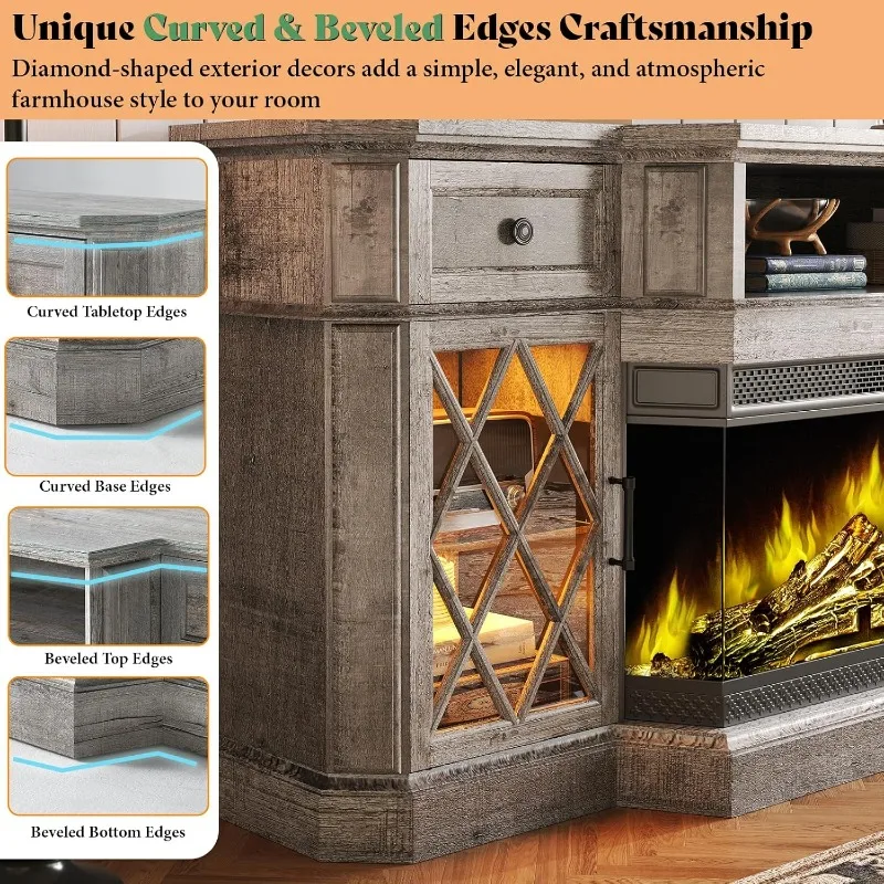 Suporte de TV com lareira, adequado para TVs menores de 80 polegadas e 70 polegadas, centro de entretenimento com luzes LED, com lareira de 36 polegadas cinza