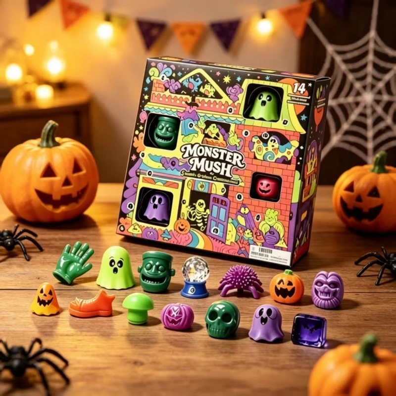 14‑Grid Halloween Advent Calendar Box, Ghost Pumpkin Skull Mini Squishy Decompression Toys, Surprise Party Small Gifts
