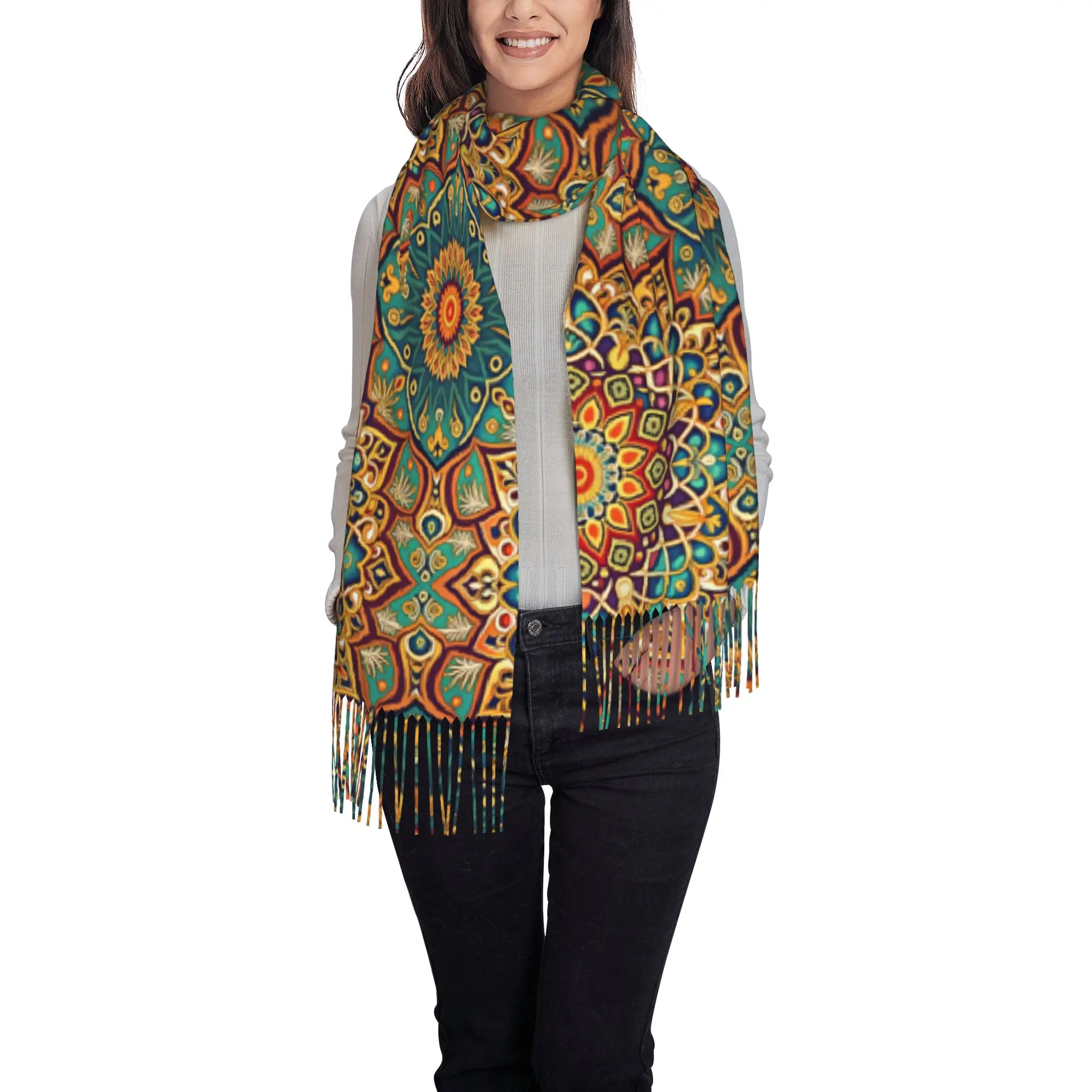 Custom Ladies Large Vibrant Multicolor Boho Ethnic Mandala Scarves Women Winter Thick Warm Tassel Shawl Wrap  Scarf
