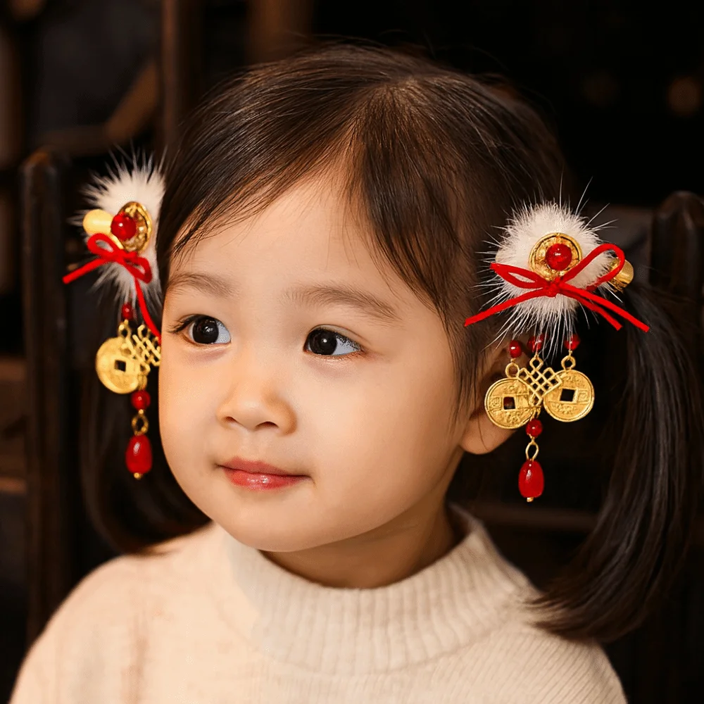 

Hanfu Headwear Children's New Year Hairpin Cute Sweet Chinese Style Red Barrettes Ball Tassel Ancient Style Hair Clip Kids