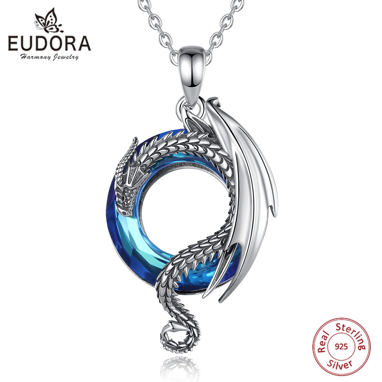 Eudora-Real 925 Sterling Silver Dragon Colares para Mulheres, Jóias de Luxo, Cristal Austríaco, Pingentes Dragão Legal, Colares na Moda