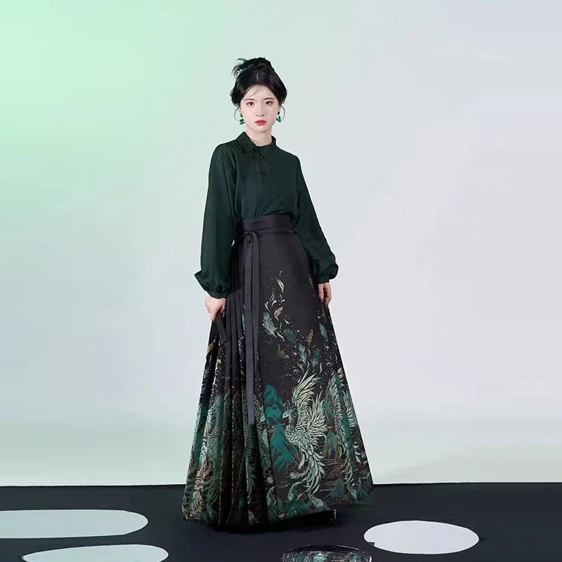 2024 New Chinese Style Gold Woven Green Feather Ancient Style Suit Daily Printing Horse Face Skirt