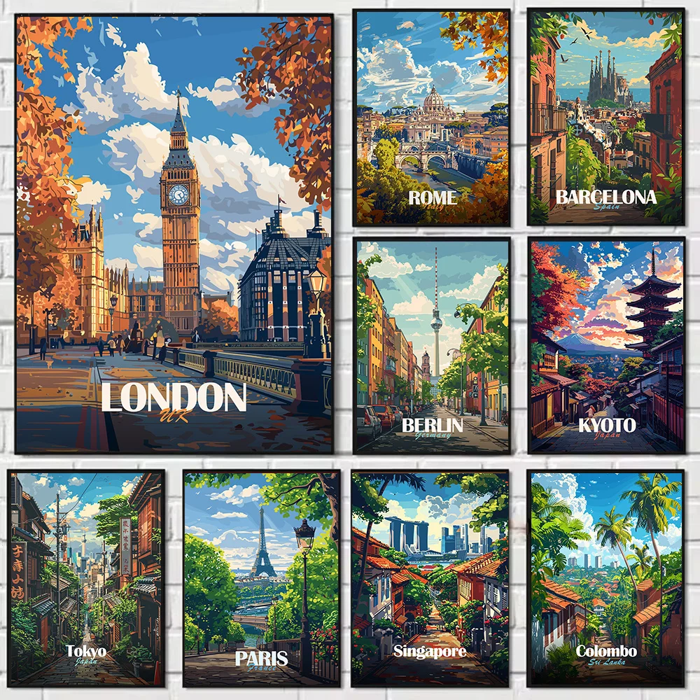 London Paris Rome Modern Art Landscape Poster Travel Attractions Canvas Painting Home Room Decor Travel Lover Gift