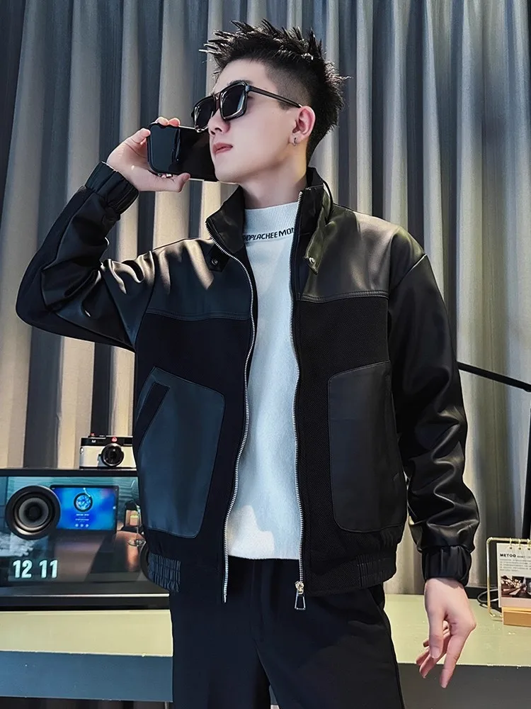 Collar Casual Jacket for Men Motorcycle Coats Spring Autumn Brand Stand Collar Top Zipper High-End Trendy Splice Leather Jaet