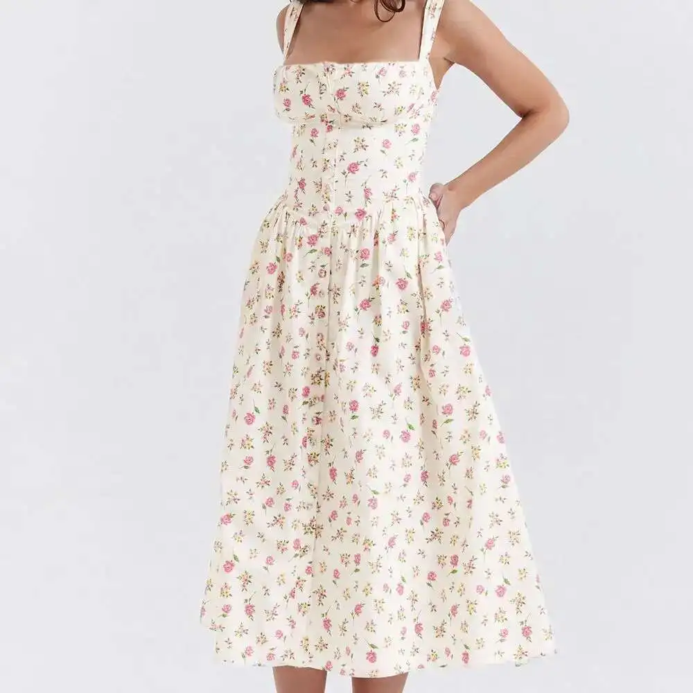 

2023 Summer Camisole Skirt with Front Buckle, Back Strap, Waist Cinched, Lace on Top of Chest Summer Dress Robe Vestido Women