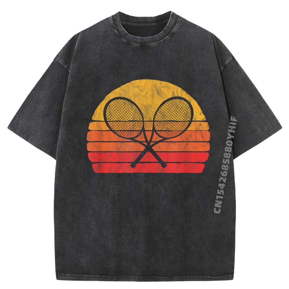 

Crossed Tennis Racquets Retro 80s Sun Vintage Camisas Basicas Hombre T Shirt Homme Retro Washed Tops Tees