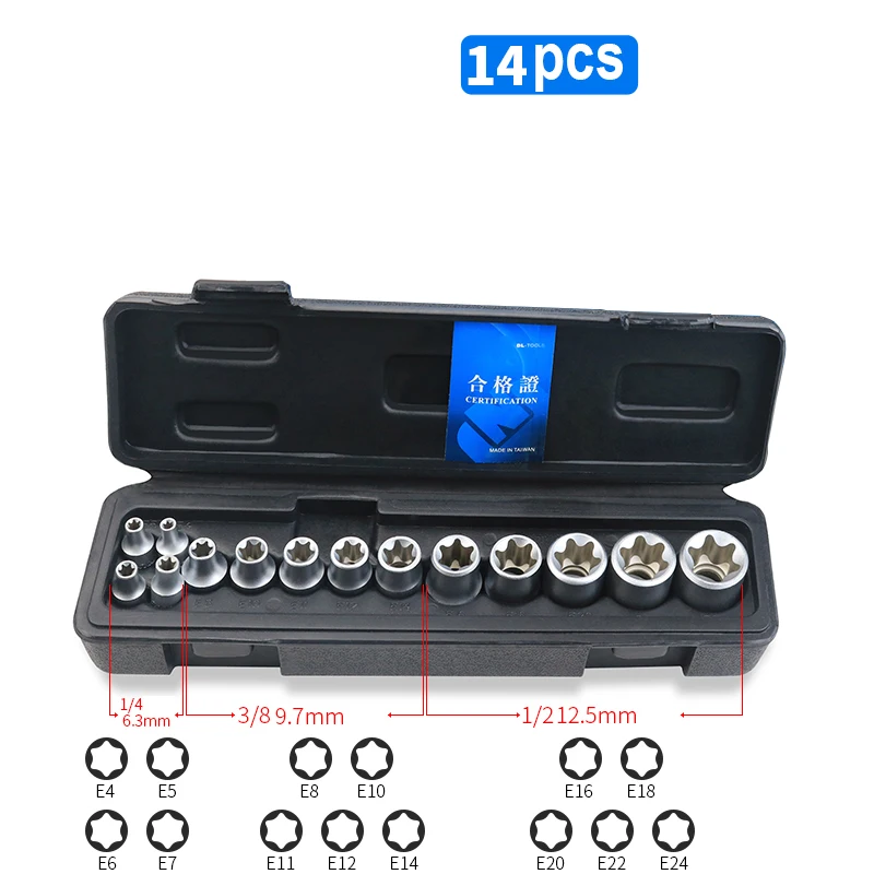 

14PCS 1/4" 3/8" 1/2" Torx Star Socket Set Femal E Type Socket Wrench Head E4 E5 E6 E7 E8 E10 E12 E14 E16 E18 E20 E24 Auto Tools