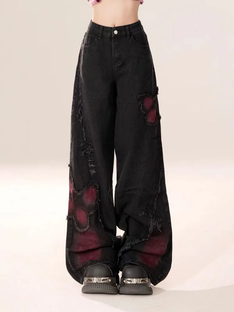 

Women's Baggy Butterfly Jeans Vintage 90s Aesthetic Cowboy Pants Harajuku Oversize Denim Trousers Y2k 2000s Black Gothic Clothes