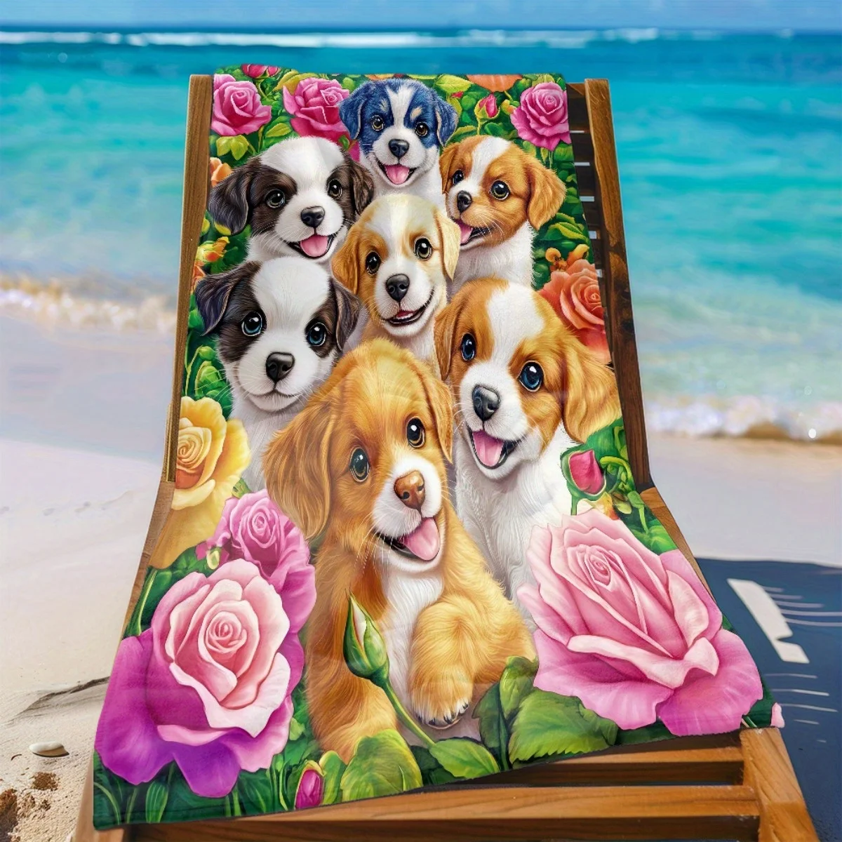 

1pc Puppy Group Art Beach Towel - Soft, Ultra-Absorbent Microfiber, Lightweight, Perfect for Beach, Parties, Travel, Camping
