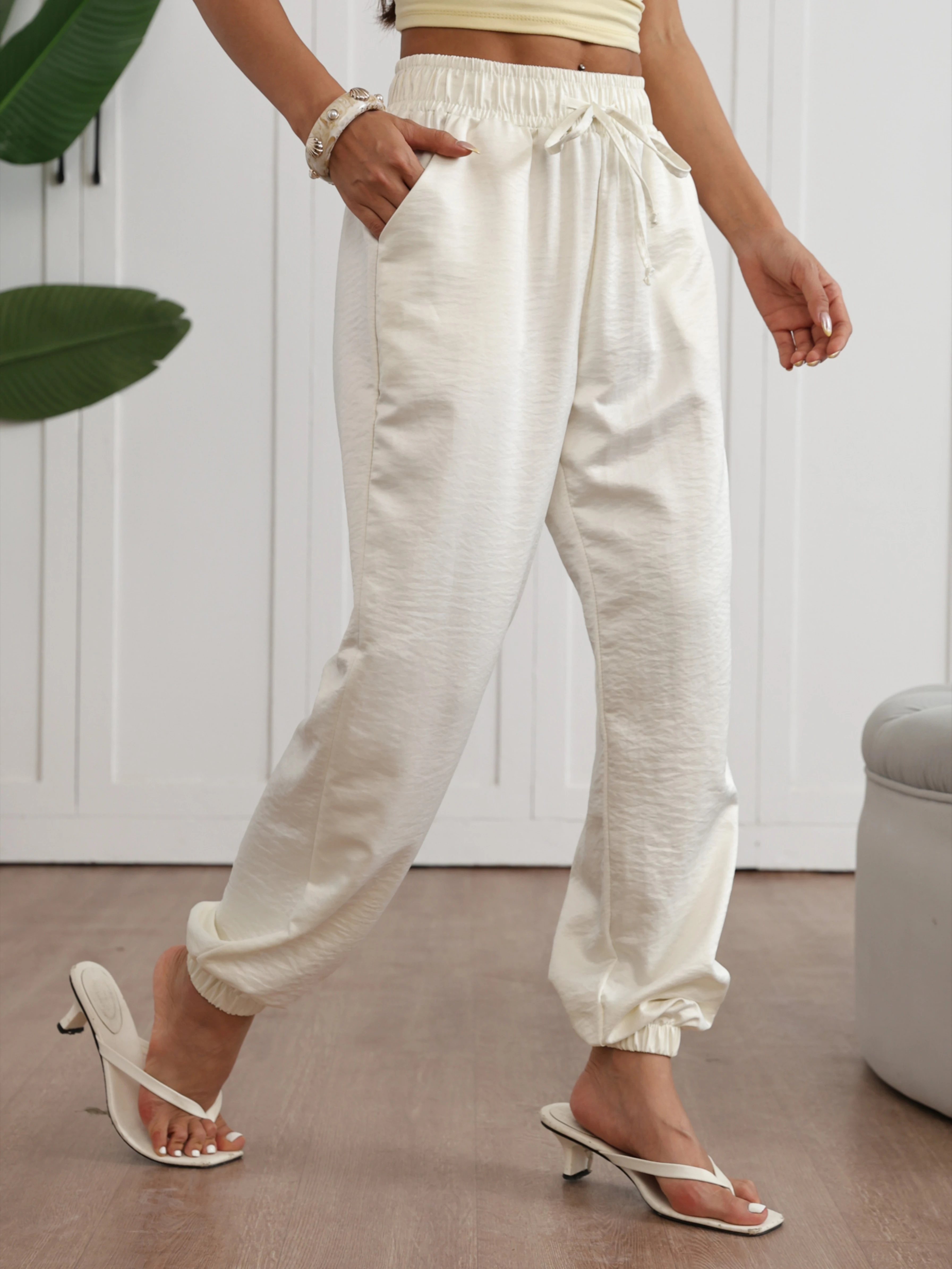 Women Jogger Pants, Elastic Drawstring High Waist Trousers With Side Pockets, Textured Flowy Thin Fabric, Loose Harem Fit, Ankle