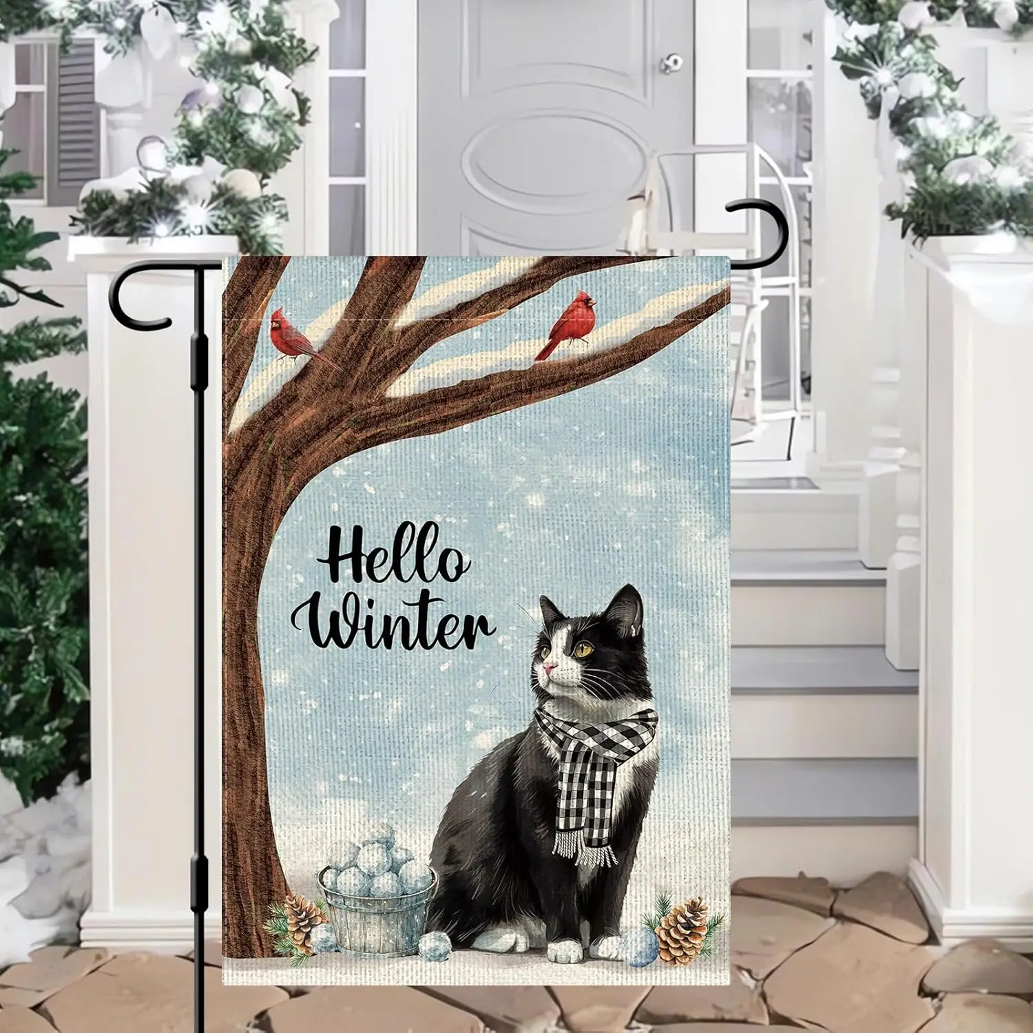 DLZDN Hello Winter Tuxedo Cat Garden Flag 12×18 Inch Double Side Vertical Burlap Farmhouse Yard Sign Winter Christmas Outdoo llz
