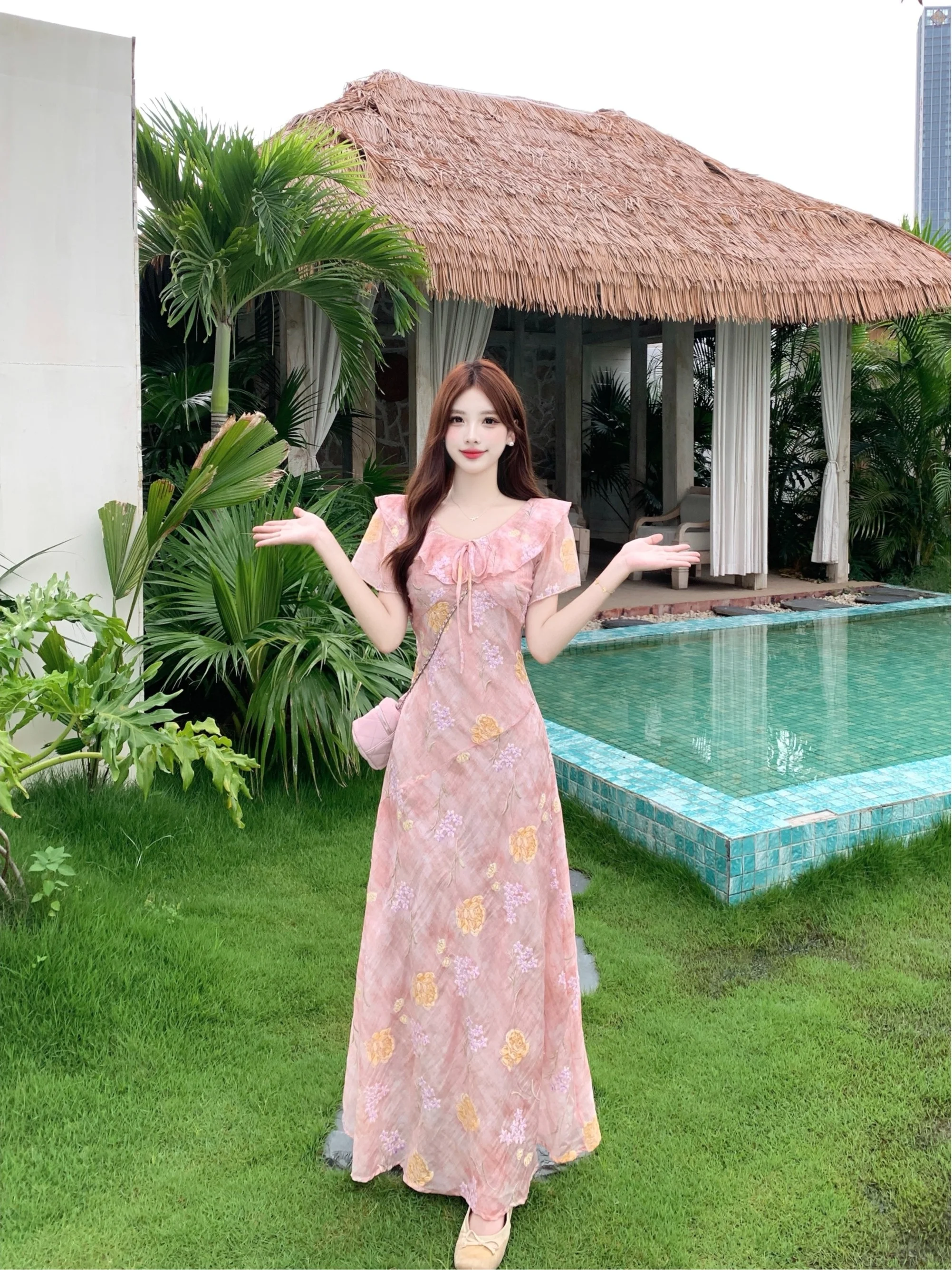 

plus Size Elegant Pink Embroidered Floral Skirt Dress Summer Belted Long Dresses French Style High Waist Short Sleeve Citywalk